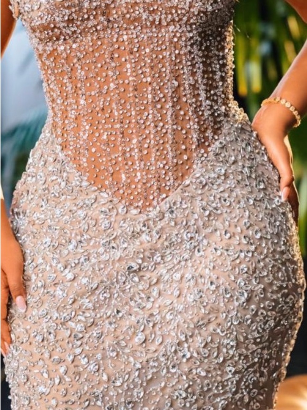 Beaded Nude Evening Prom Dress with Crystal Embellishments